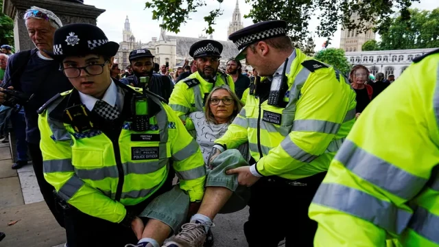 Police officers detain elderly women during a pro-Palestine protest at Parliament Square in London, where more than 425 demonstrators were arrested following clashes on Saturday.