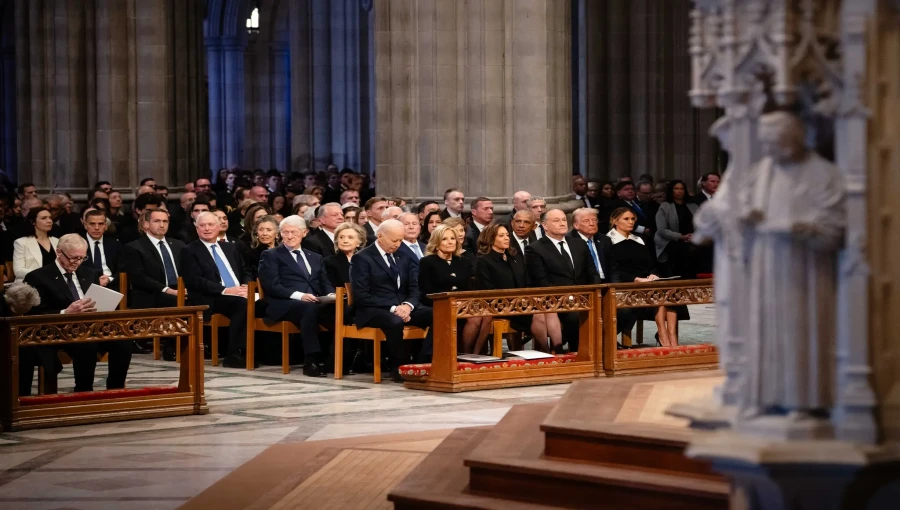 Former U.S. presidents Barack Obama, Donald Trump, George W. Bush, Bill Clinton, and Joe Biden gather for the funeral of Jimmy Carter at Washington National Cathedral, showing unity despite political differences.