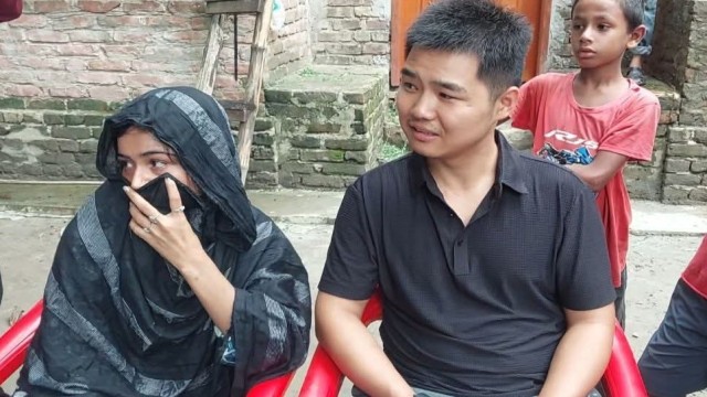 Bangladeshi girl Sumaiya Akter and Chinese youth C‑Tianzi pictured together at her family home in Madaripur, days after their cross-border TikTok romance led to marriage.