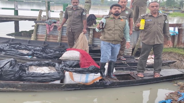 Officials of the Forest Department display seized poisonous pesticides, fishing nets, boats, and 140 kg of poisoned shrimp confiscated from Hular Barani Canal inside the Sundarbans during a raid.