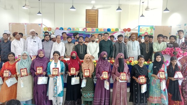 Students in Mongla receive awards and floral greetings during a recognition ceremony on August 9, honoring their outstanding SSC and Dakhil examination results.
