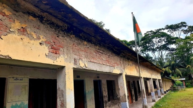 Damaged ceiling of Mathbari Mohammadia Dakhil Madrasa in Rajapur, Jhalokathi, where seven students were injured during an exam following the collapse of plaster and beams from the rooftop.
