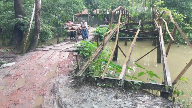 A rickshaw van driver crosses a dangerously damaged bridge in Kathalia, risking his life as the structure teeters on collapse.