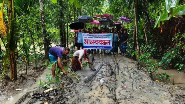 Locals form a human chain and plant saplings along a muddy road in Taltala Bazaar, Rajapur, Jhalokathi, demanding urgent paving to ensure safe access for students and residents.