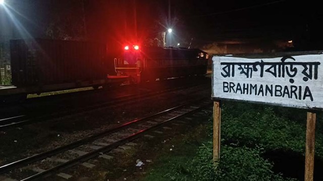 A freight train bogie lies derailed near Pahartala in Brahmanbaria on May 10, 2025, halting train operations on both the Dhaka-Chattogram and Dhaka-Sylhet routes. Rescue efforts were underway late into the night.