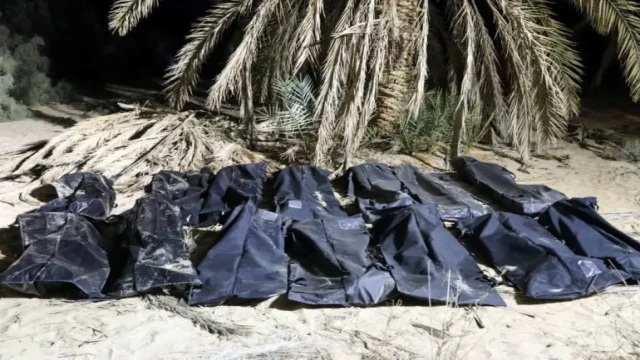 "Rescue teams uncovering a mass grave in the southeastern desert of Libya, where the bodies of around 50 migrants were found. The victims were believed to have been attempting to migrate to Europe."