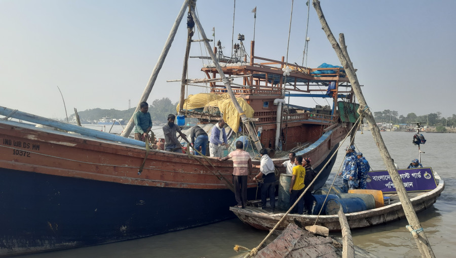 64 Indian fishermen, who were detained in Bangladesh for 1 month and 16 days for illegally fishing in its waters, are seen at Mongla ferry terminal on January 2, 2025, as they prepare to return home to India after their release.