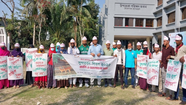 "A colorful rally in Morelganj marking Sundarbans Day, emphasizing the theme 'Stop Plastic Pollution, Save Sundarbans'."