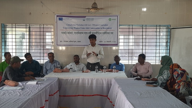 "Government officials and female fisherfolk discuss development and support at a meeting in Mongla."