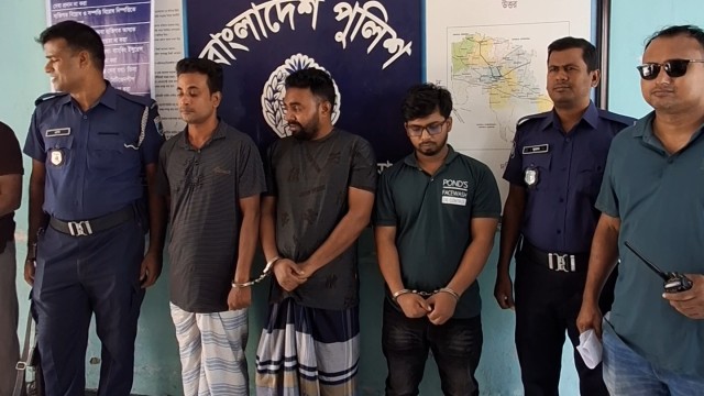 The three suspects arrested over sexual harassment charges at Pabna Central Hospital, photographed at Pabna Sadar Police Station on Sunday afternoon.