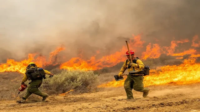 Flames from the rapidly spreading Madre Fire consume dry brush near Highway 166 in central California on July 4, 2025, as firefighters battle the state’s largest wildfire of the year.