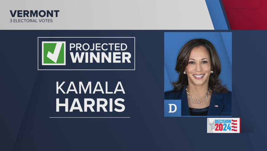 Vice President Kamala Harris celebrates after winning Vermont in the 2024 election, as early results continue to roll in across the country.