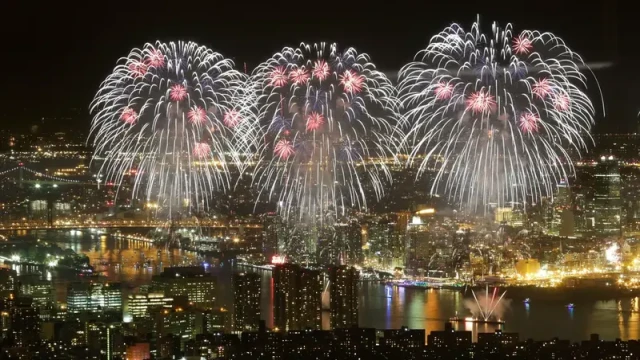 Fireworks burst over New York City's East River during Macy's Fourth of July celebration, as seen from One World Observatory on July 4, 2015. (AP Photo)