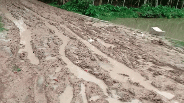Residents of Tanore Upazila struggle to navigate muddy, damaged earthen roads during the monsoon season, facing daily hardships due to long-neglected infrastructure. (Photo: V7N)