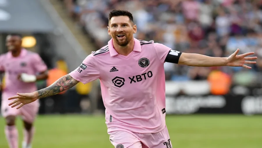 Lionel Messi celebrates with Inter Miami goalie Drake Callender after lifting the MLS Supporters’ Shield, marking their second trophy together.