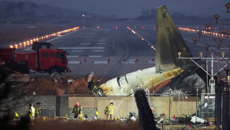 Muan International Airport, South Korea: Investigators examine the wreckage of a Jeju Air Boeing 737-800 that crashed during its landing, killing 179 people.