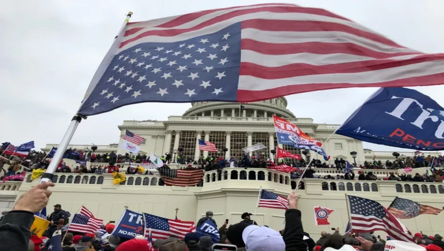 A scene from the U.S. Capitol during the 2021 riot, as Congress prepares to certify the 2024 election results.