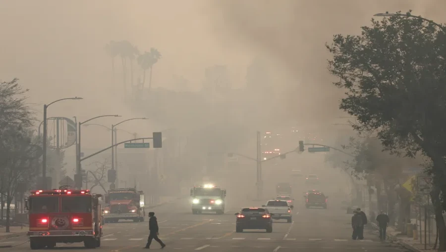 "Firefighters battle the Palisades Fire in Los Angeles, which has grown to 23,707 acres, as strong winds threaten to spread the blaze further across Southern California."