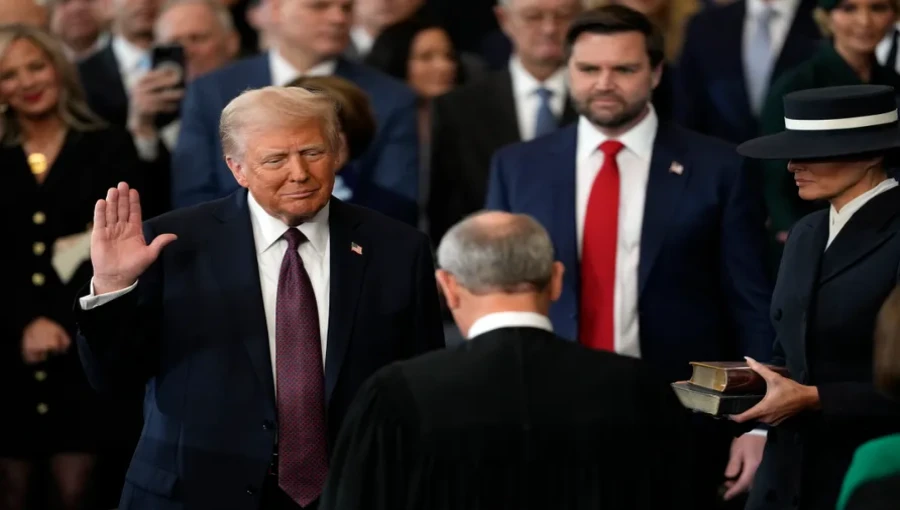 Donald Trump was sworn in as the 47th president of the United States on Monday, January 20, 2025. The ceremony took place in the Rotunda of the U.S. Capitol, where Chief Justice John Roberts administered the oath of office. Melania Trump stood beside him, holding the Bible during the 60th Presidential Inauguration.