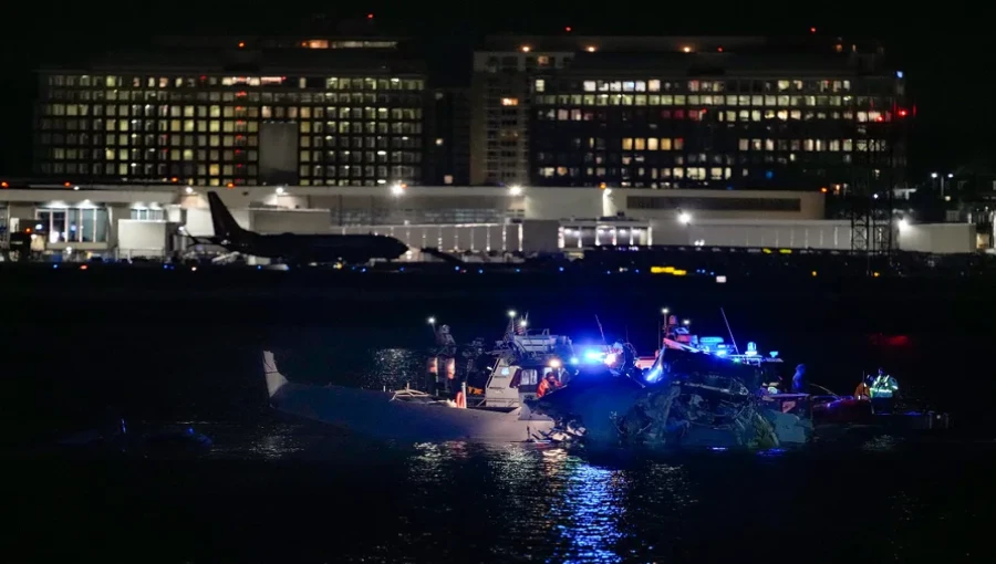 Emergency responders inspect airplane wreckage in the Potomac River near Ronald Reagan Washington Airport on Jan. 30, 2025, in Arlington, Virginia.