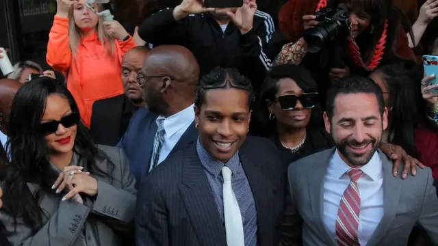 A$AP Rocky celebrates with his defense team and family after being acquitted of all charges in the 2021 shooting case involving his former friend, A$AP Relli.