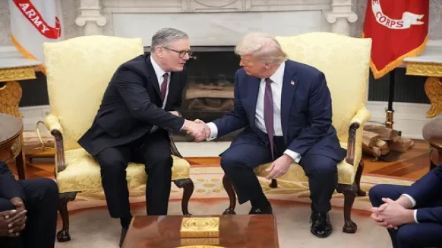 "President Donald Trump welcomes UK Prime Minister Keir Starmer to the Oval Office for a bilateral meeting."