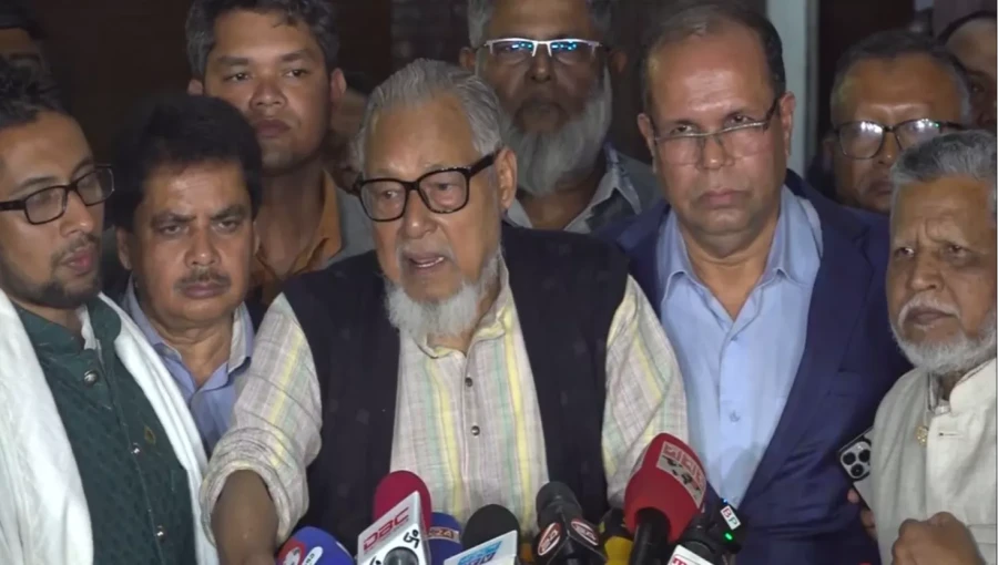 BNP leader Nazrul Islam Khan addresses the media after a meeting with Jatiyatabadi Samamona Jote, emphasizing the need for democracy and free elections in Bangladesh.