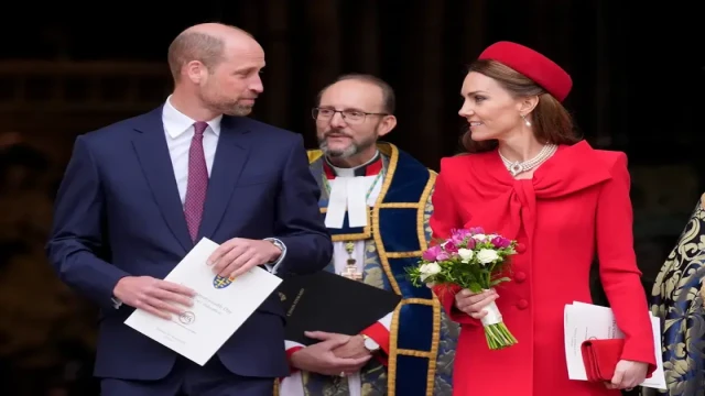 "Princess Kate returns to the Commonwealth Day service at Westminster Abbey, joined by Prince William, King Charles III, and Queen Camilla."