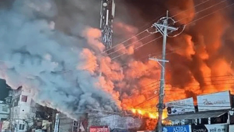 Firefighters battle a massive blaze at Horcas Market in Maijdee, Noakhali, as over 35 shops are feared destroyed. Emergency services and local authorities are on high alert.