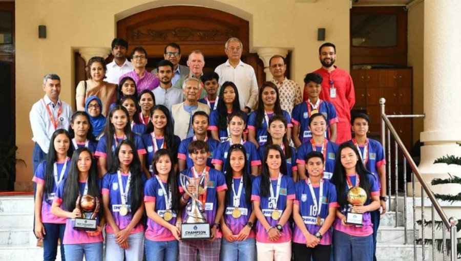 Chief Adviser Professor Dr Muhammad Yunus with the Bangladesh women's football team at the State Guest House Jamuna on Saturday, November 2, 2024.