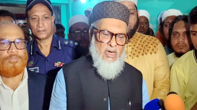 Religious Adviser Dr. A.F.M. Khalid Hossain speaks to journalists after attending the “Harmony Gathering” organized by the Parbatya Chattogram Olama Parishad in Rangamati on Saturday.