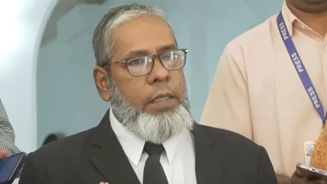 State Defense Lawyer Amir Hossain representing Ex-Prime Minister Sheikh Hasina during the July 2024 uprising trial.