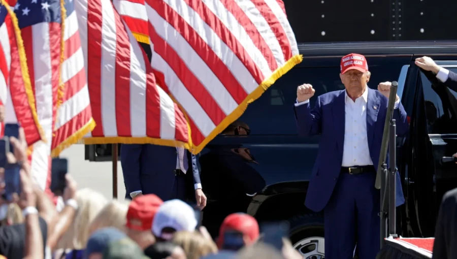 Former President Donald Trump speaks at a rally in Reading, Pennsylvania, where he reinforces his stance on immigration, rallying supporters ahead of the 2024 election.