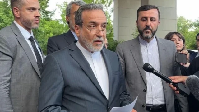 “Iranian Foreign Minister Abbas Araghchi addresses the media after concluding high-level diplomatic talks with European officials in Geneva."