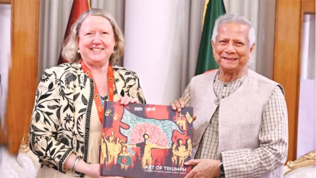Chief Adviser Professor Muhammad Yunus presents a commemorative publication on the July Mass Uprising to Ms. Susan Vize, Head of the UNESCO Representative Office in Bangladesh, at the State Guest House Jamuna on Wednesday. Photo: PID