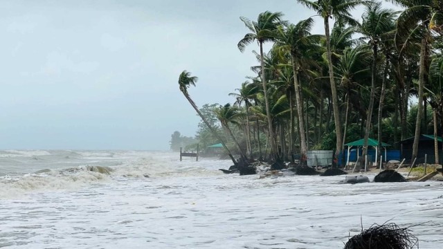 Waves surge under dark skies as a deep low-pressure system churns in the Bay of Bengal, disrupting marine routes and threatening coastal communities.