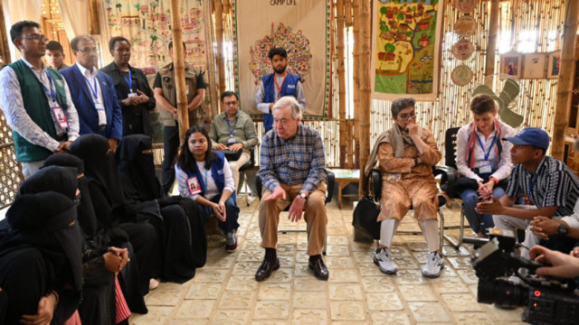 UN Secretary General Antonio Guterres visits Rohingya cultural centre in Camp 18, Ukhiya, Cox's Bazar on 14 March. Photo: CA Press Wing