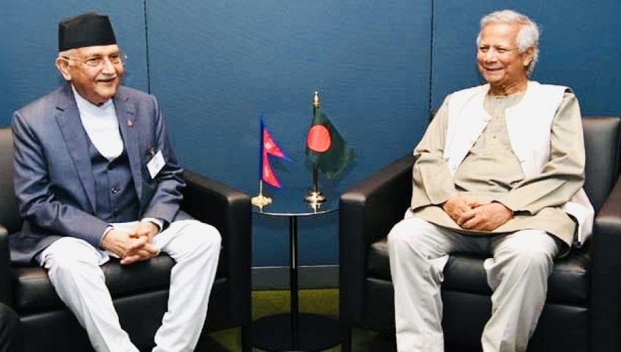 Bangladesh Chief Adviser Professor Muhammad Yunus meets with Nepalese Prime Minister K.P. Sharma Oli at the UN Headquarters in New York to discuss strengthening economic and energy cooperation between the two nations. Photo: V7N