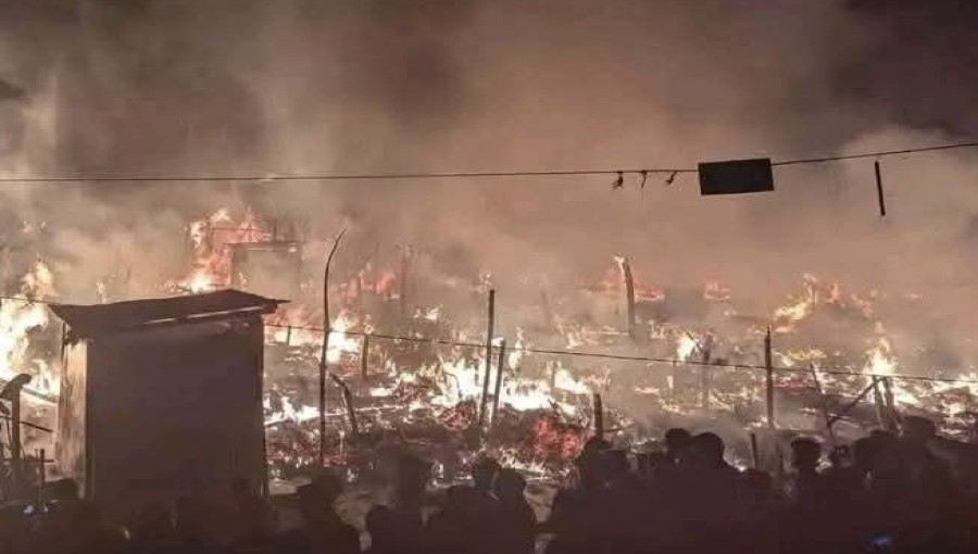 "Devastation at Teknaf's Nayapara Rohingya Camp: Charred remains of homes after a fire left hundreds homeless and claimed the life of a child."