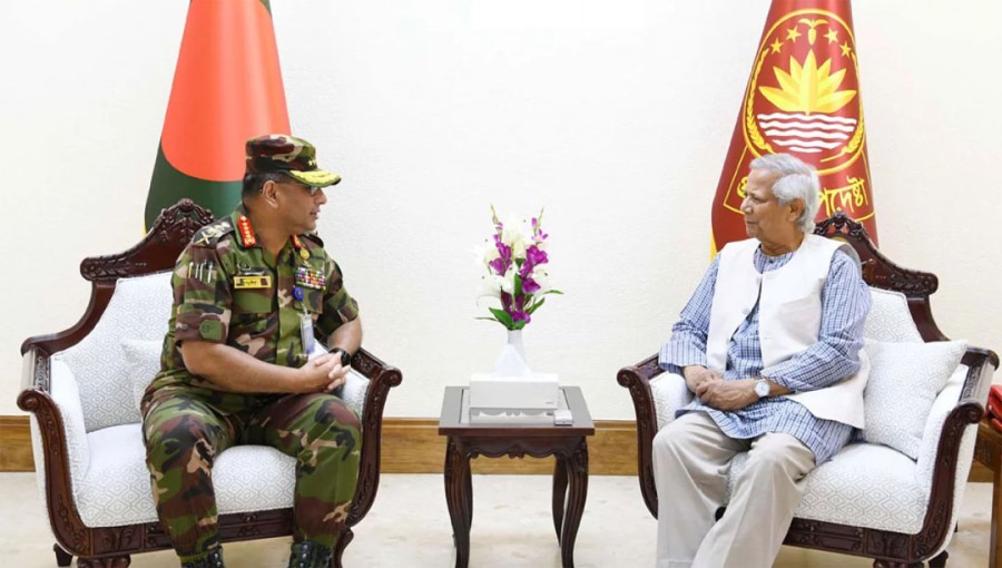 Chief of Army Staff General Waker-Uz-Zaman pays a courtesy call on Chief Adviser Professor Muhammad Yunus at his office in Dhaka on Sunday, September 22, 2024.