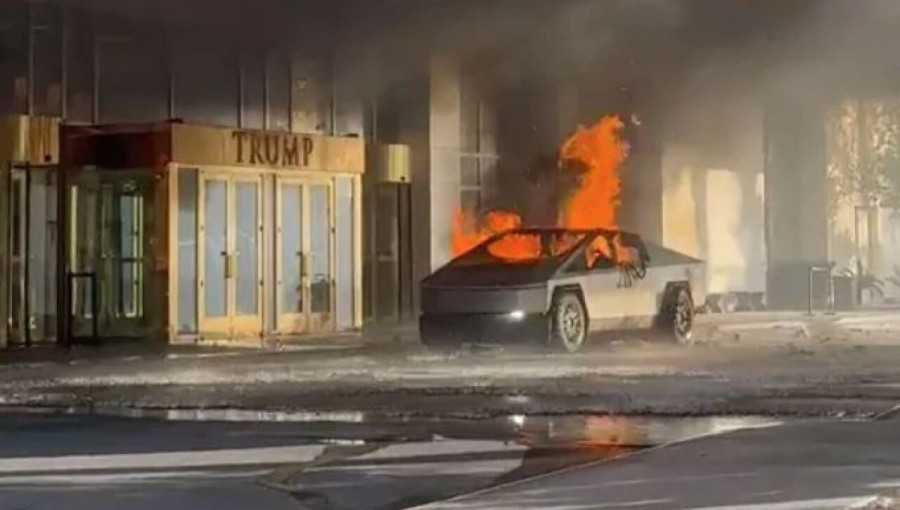 "Emergency responders at the scene of a Tesla Cybertruck explosion near Trump International Hotel in Las Vegas, where one person was killed and seven others injured."