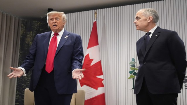 President Donald Trump speaks during a meeting with Canada's Prime Minister Mark Carney on the sidelines of the G7 Summit, June 16, 2025, in Kananaskis, Canada.