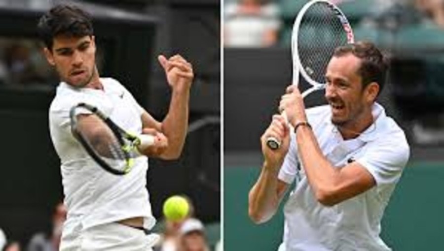 Defending champion Carlos Alcaraz and seven-time winner Novak Djokovic advance to the Wimbledon semifinals, setting up potential blockbusters against Daniil Medvedev and Lorenzo Musetti.