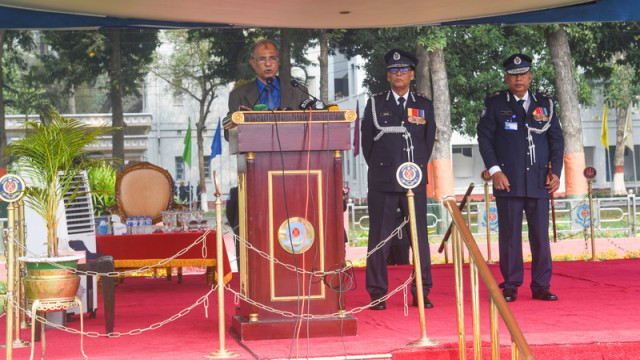 Home Affairs Adviser, Lt. Gen. (Retd.) Mohammad Jahangir Alam Chowdhury, addressing the new Assistant Superintendents of Police during their passing-out parade at Sarada Police Academy in Rajshahi on February 23. Photo: PID, Rajshahi.