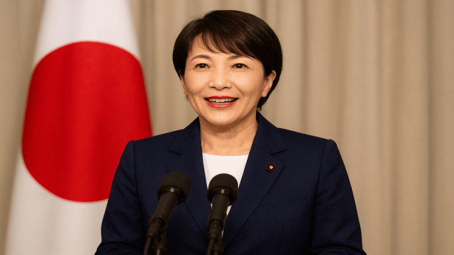 Japan’s newly elected Prime Minister Sanae Takaichi delivers her first address after taking office in Tokyo on October 22, 2025, marking a historic moment as the nation’s first female leader.