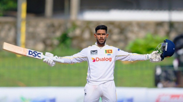 Sri Lankan opener Pathum Nissanka celebrates his unbeaten 146 on Day Two of the Colombo Test against Bangladesh, leading his team to a commanding position.