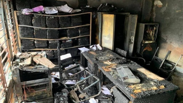 Firefighters respond to the blaze at Barguna District Election Office, where crucial documents and electronic equipment were destroyed. (Photo: V7N)