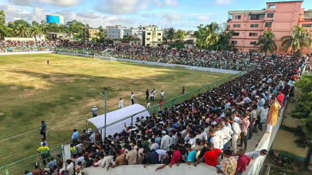 Spectators fill every seat as the stadium reaches full capacity during the football match between Team Ukhiya and Sadar Upazila.
