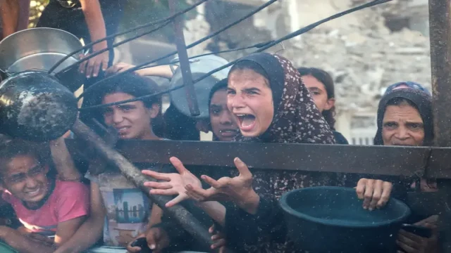 A young Palestinian girl pleads for food at a charity kitchen in Gaza City on July 7, 2025, as the territory faces a deepening hunger crisis. (Ebrahim Hajjaj / Reuters)