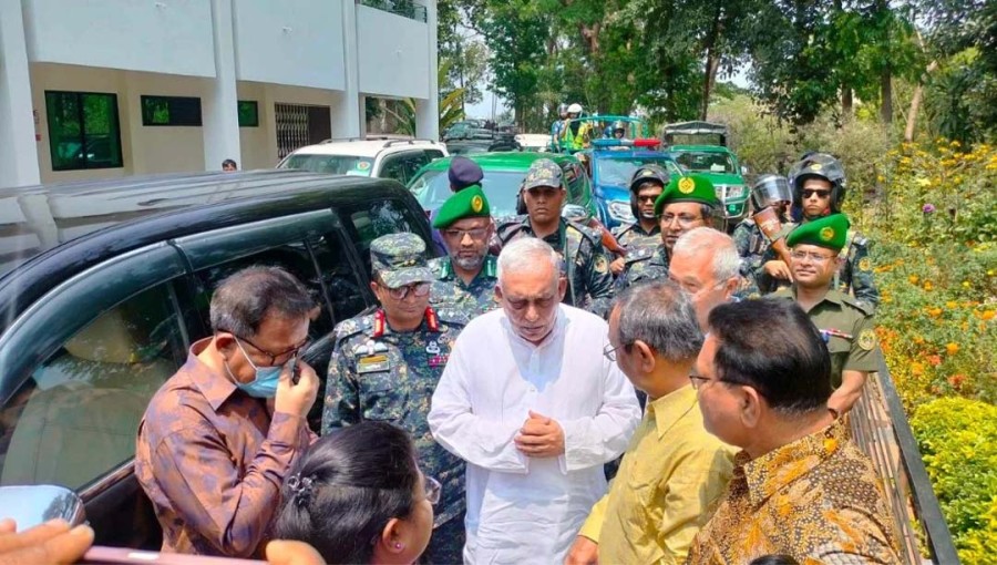 Home Minister Asaduzzaman Khan talks to officials during his visit to Ruma upazila in Bandarban following the recent bank robberies carried out by KNF on Saturday,.